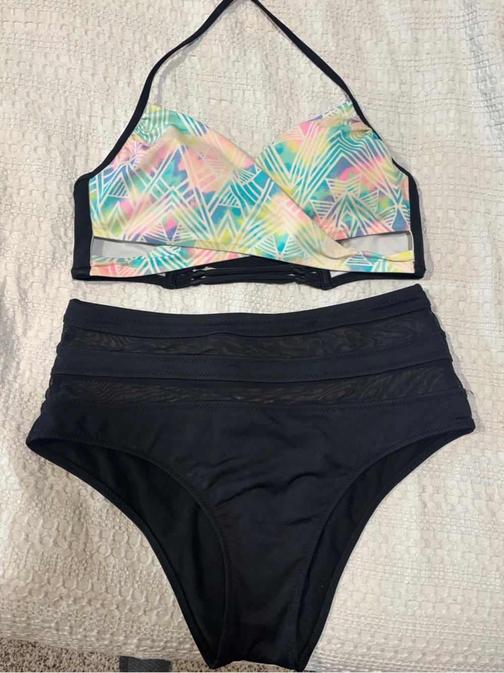 High-Waist Two-Piece Swim Set with Pastel Geometric Top and Black Bottom